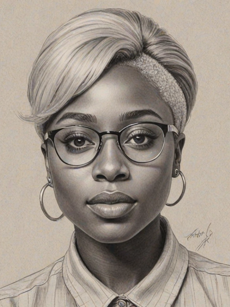 Resplendent Cynthia Erivo, pencil sketch, portrait of Appealing woman 1976s in glasses, hair style beatnik, outline, clear lines, fine lines, 8k