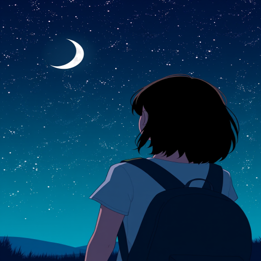 Create a digital illustration of a girl from behind, wearing a backpack, gazing at a starry night sky with a crescent moon, shot with a DSLR camera, aperture f/2.8, ISO 100, 50mm lens, with a focus on silhouette and contrasting colors for depth.