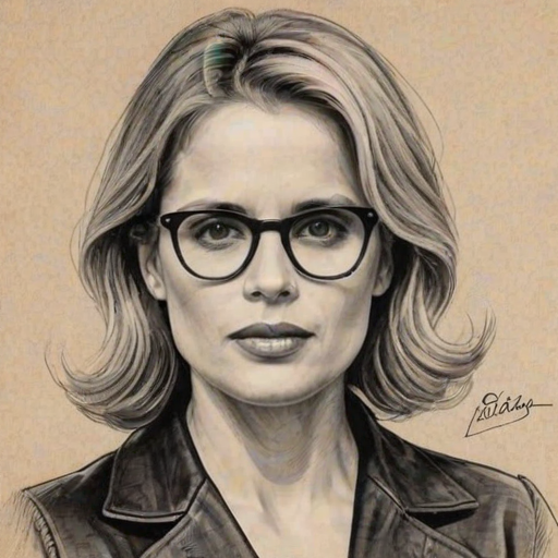 Fetching Kim Dickens, pencil sketch, portrait of Graceful woman 1952s in glasses, hair style beatnik, outline, clear lines, fine lines, 8k