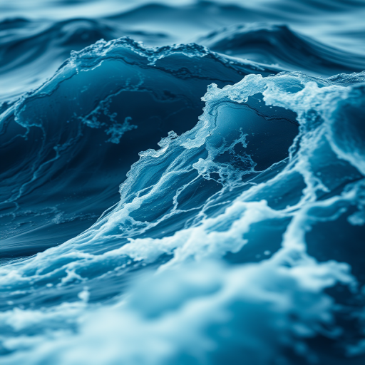 high-resolution abstract image of flowing waves with intricate details in a moody blue atmosphere, shot with a DSLR camera, aperture f/2.8, shutter speed 1/125 sec, ISO 200, wide-angle lens, soft focus background