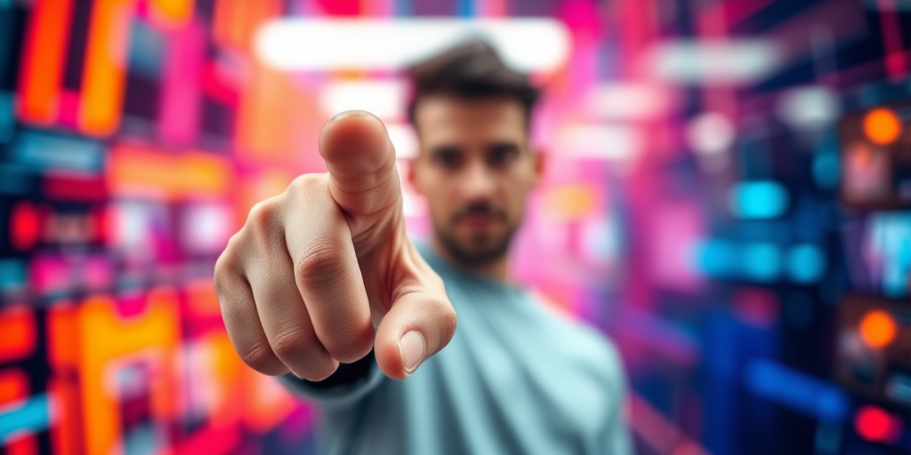 Generate an image of a person pointing towards the viewer with a blurred abstract background featuring vibrant colors resembling a tech theme, using a Canon EOS R5, 50mm lens, f/1.8 aperture, ISO 100, 1/200s shutter speed, captured from a low angle in portrait orientation.
