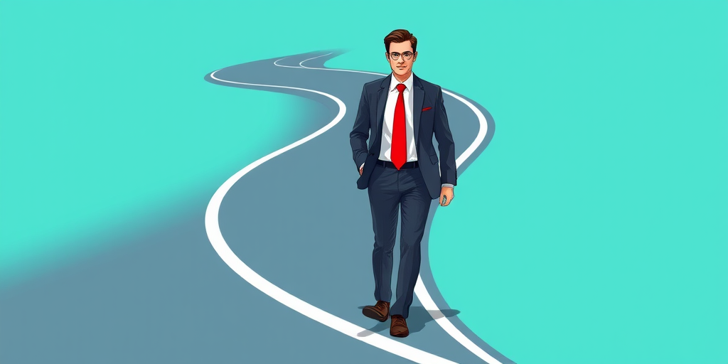 Regenerate an illustration of a businessman in a suit and red tie walking confidently along a winding road, with a clean turquoise background, shot with a 50mm lens at f/1.8, ISO 100, and a shallow depth of field to enhance focus on the figure.