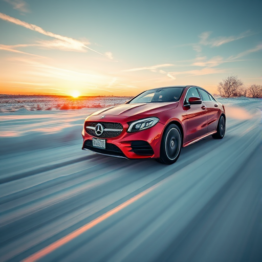Capture a dynamic shot of a red Mercedes-Benz car speeding through a snowy landscape at sunrise with a wide-angle lens, ISO 100, f/4.0, 1/1000 sec, using a DSLR camera with an aperture priority mode for enhanced depth of field and clarity.