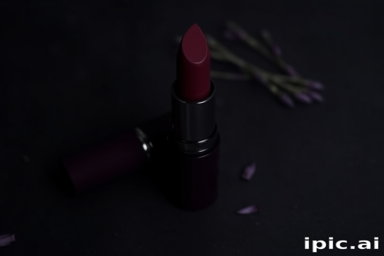 Sultry "Midnight Velvet" matte lipstick in deep plum shade, long-lasting formula with moisturizing properties, ideal for creating mysterious and alluring looks