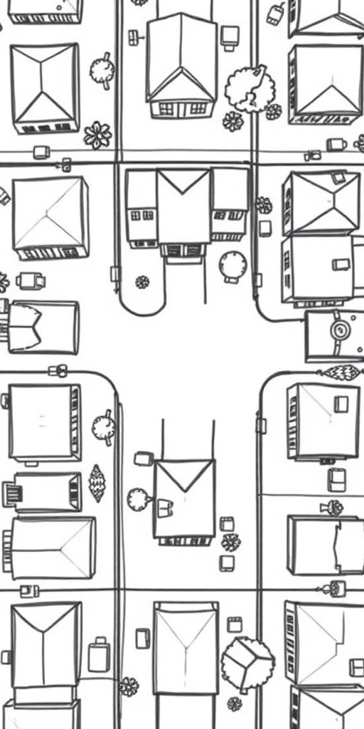 Create a top-down view illustration of a neighborhood with a repeating pattern of simple, sketched houses, using a high-resolution camera with a 50mm lens, f/8 aperture, ISO 100, and natural lighting to enhance details and texture for a clean, artistic look.