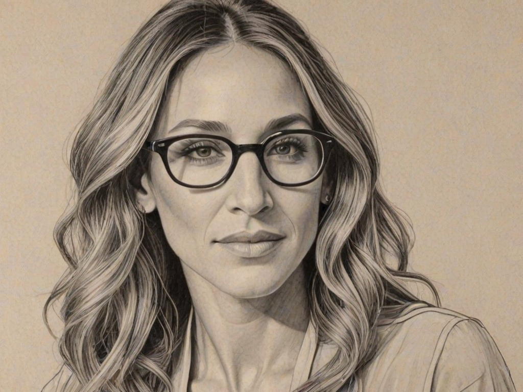 Attractive Sarah Jessica Parker, pencil sketch, portrait of Enticing woman 1941s in glasses, hair style beatnik, outline, clear lines, fine lines, 8k