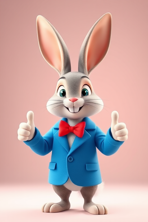 create a 3D cartoon rabbit character standing cheerfully with thumbs up, wearing a blue jacket and red bow tie, against a soft gradient background, shot with a DSLR camera at f/2.8, ISO 100, 50mm lens, in a bright studio lighting setup for enhanced detail and color vibrancy