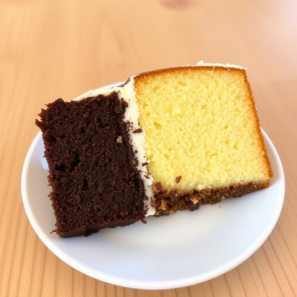 A slice of cake divided in half with one side yellow vanilla and the other side rich chocolate placed on a white plate with a wooden background