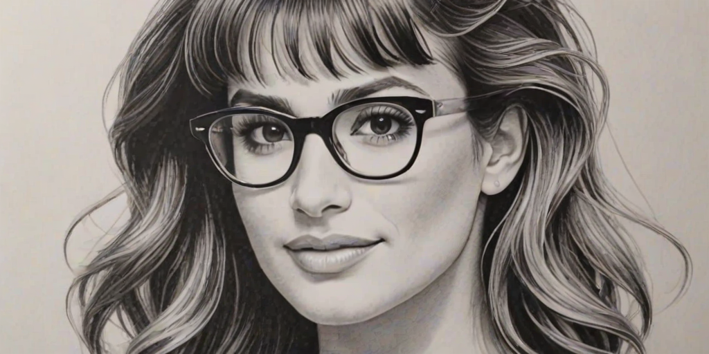 Attractive Lea Michele, pencil sketch, portrait of Ravishing woman 1980s in glasses, hair style beatnik, outline, clear lines, fine lines, 8k