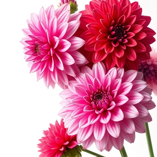 Create a vibrant illustration of pink and red dahlias with intricate details on a soft white background using a DSLR camera, 50mm lens, f/2.8 aperture, ISO 100, and natural light to enhance color saturation and focus.