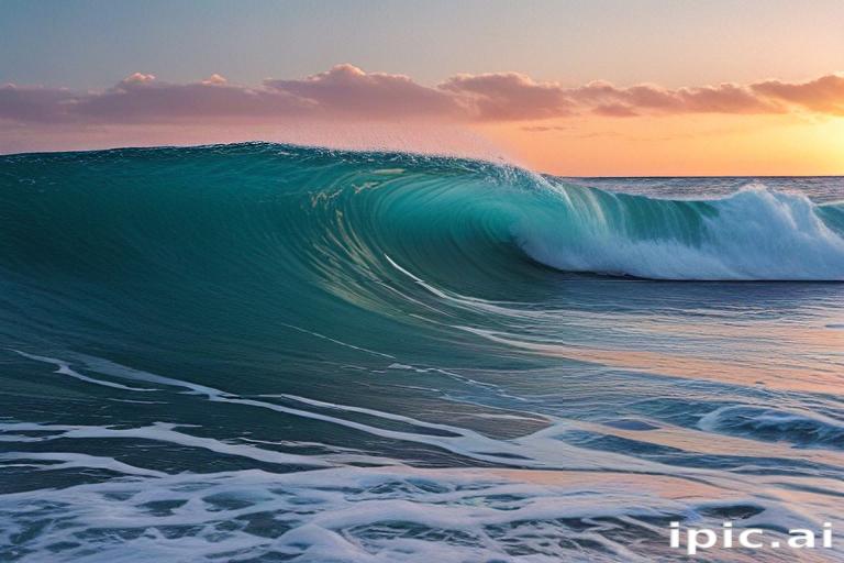 Majestic Ocean Wave Crashing with Vibrant Colors at Sunset Horizon
