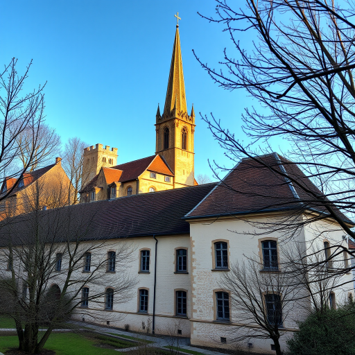 capture a picturesque view of a medieval building with a pointed steeple in the background during early springtime, use a Canon EOS 5D Mark IV, set aperture to f/8, ISO 100, shutter speed 1/250s, wide-angle lens at 24mm, HDR style for enhanced details and colors