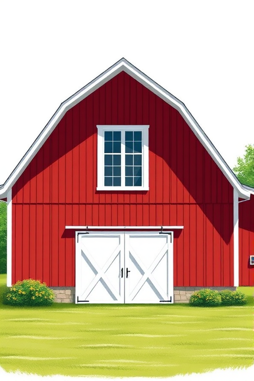 Create a high-resolution illustration of a red barn with a symmetrical gable roof, four-paneled white doors, and a large window above the doors, captured in a straight-on view using a DSLR camera set to f/8 aperture, ISO 100, shutter speed 1/125s to enhance clarity and detail.