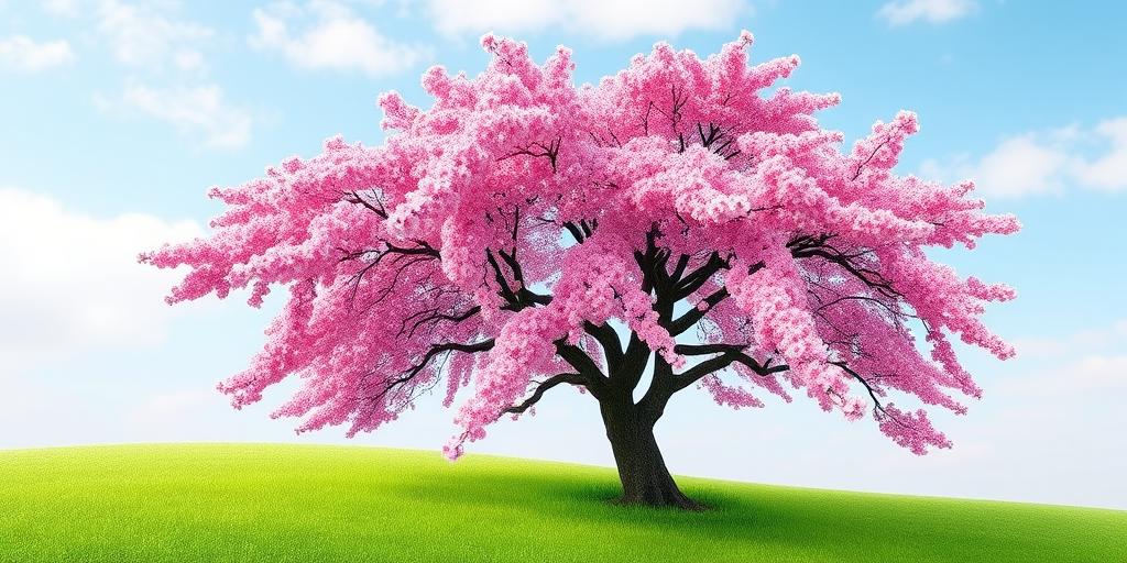 generate a digital illustration of a lush cherry blossom tree in full bloom with vibrant pink flowers, set against a soft blue sky and gentle green grass underneath