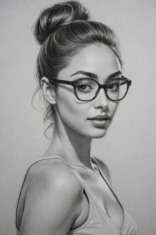 Stunning Lindsey Morgan, pencil sketch, portrait of Alluring woman 1953s in glasses, hair style beatnik, outline, clear lines, fine lines, 8k