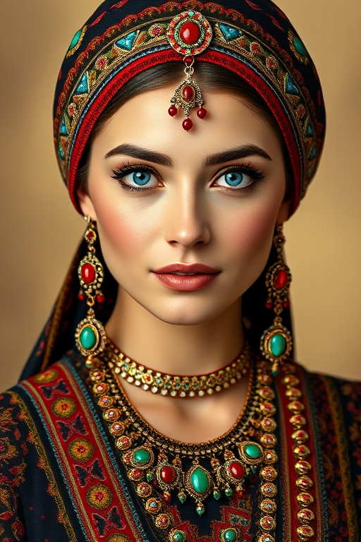 Create a portrait of a beautiful Circassian woman with striking blue eyes and a gentle expression. She is adorned in traditional attire with intricate patterns, including a richly embroidered headscarf and matching garments. Her jewelry includes a delicate headpiece, dangling earrings, and ornate bracelets, all featuring vibrant gemstones and detailed metalwork. The background is soft and warm, enhancing the rich colors of her outfit and jewelry.