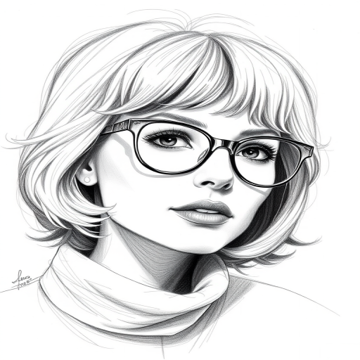 Beautiful Maggie Smith, pencil sketch, portrait of beautiful woman 60s in glasses, hair style beatnik, outline, clear lines, fine lines, 8k