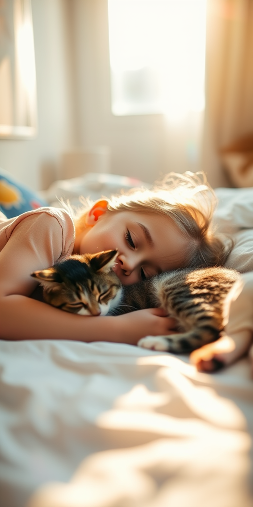 Young girl sleeping peacefully on a bed with a cat, warm sunlight streaming through a window, soft focus, high-resolution, f/2.8 aperture, 50mm lens, ISO 100, natural lighting, cinematic style, portrait orientation.