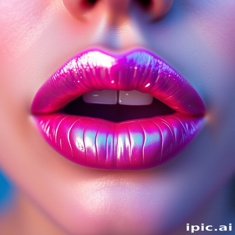 Ethereal iridescent lips shifting from pink to blue, gossamer-thin shimmer overlay, ethereal and otherworldly appearance, magical Fairy Wing Shimmer style