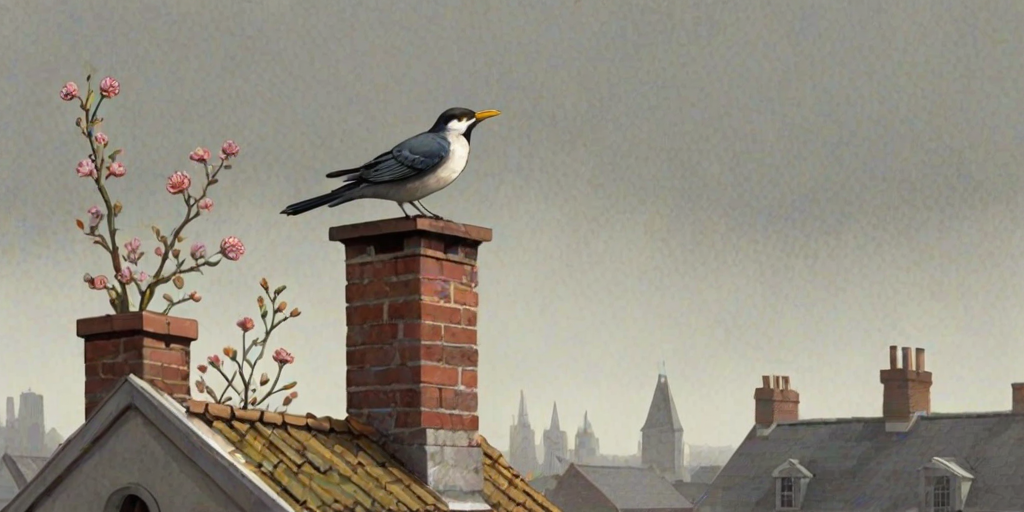 a whimsical illustration of a rooftop scene featuring a bird perched on a chimney, with stylized flowers in the foreground and a grey sky in the background, emphasizing a blend of soft colors and textures