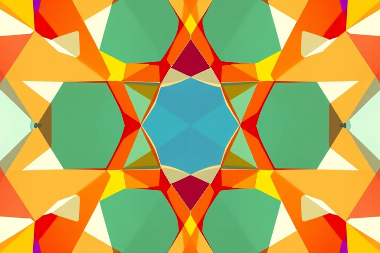 Create a high-resolution abstract geometric design featuring interconnected shapes in vibrant colors, captured with a DSLR camera, aperture f/1.8, ISO 200, 50mm lens, shallow depth of field, and natural lighting.