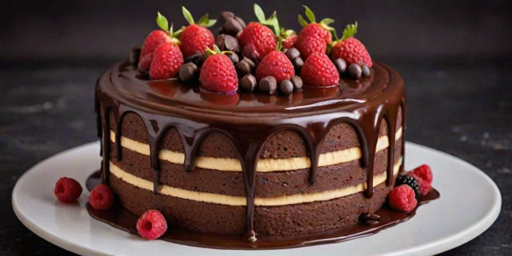 Create an image of a multi-layered cake with distinct layers in different colors. The top layer should be glossy chocolate ganache, adorned with fresh raspberries and decorative chocolate pieces. Beneath, there should be layers of rich chocolate, raspberry cream, and a dark chocolate base. The cake should be sliced to reveal the colorful layers inside, set against a simple, neutral background.