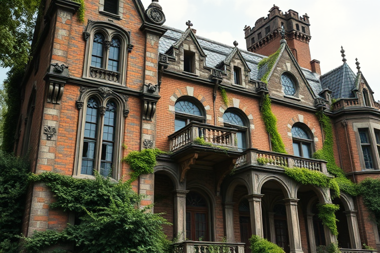 Create a highly detailed 3D rendering of a dilapidated brick mansion with gothic architectural features, showcasing intricate stone carvings, overgrown greenery, and a weathered balcony, captured with a Canon EOS R5 at f/8, ISO 100, 1/200 sec, in a wide-angle view to emphasize the structure's grandeur.