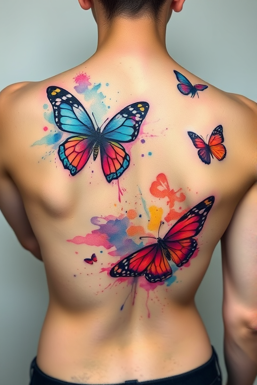 Stunning watercolor tattoo of vibrant butterflies in flight across the back, featuring soft pastel hues blending seamlessly with bold splashes of neon, creating a dreamy and ethereal effect
