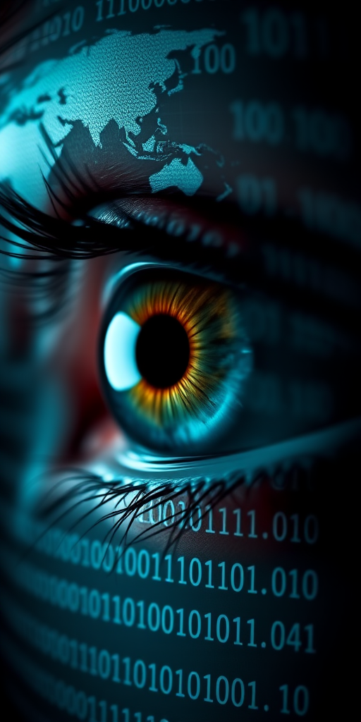 Create a digital artwork featuring a close-up of an eye with a background of binary code and world maps, using a 50mm lens at f/1.8, ISO 100, in a high-resolution style, captured with a DSLR camera in a dark setting to enhance contrast and detail.
