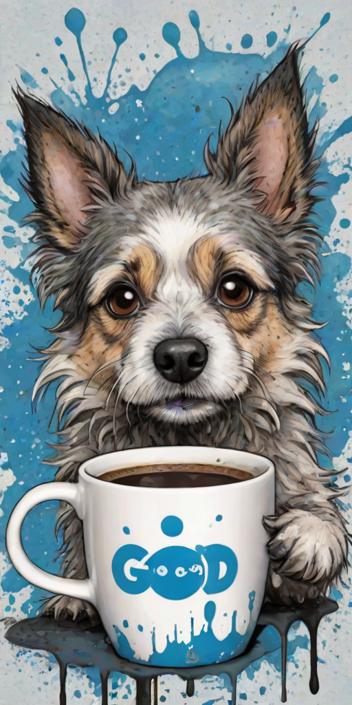 A quirky, artistic illustration of a disheveled poogle dog breed with exaggerated, large eyes and spiky fur, holding a coffee mug that reads "Good Morning". The dog has a tired but humorous expression, with ink splatters and abstract details surrounding it, giving a whimsical feel to the image. The color palette is mostly monochrome with hints of blue in the eyes and steam rising from the mug, enhancing the overall sleepy vibe