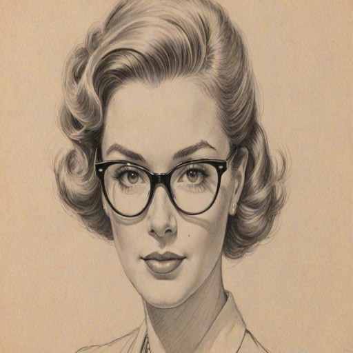 Ravishing Catherine Curtin, pencil sketch, portrait of Radiant woman 1955s in glasses, hair style beatnik, outline, clear lines, fine lines, 8k