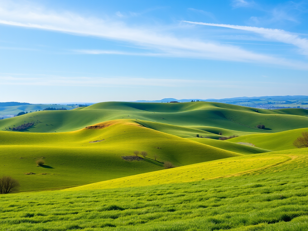 Create a high-resolution image of a serene landscape featuring rolling hills and a clear blue sky, shot with a Canon EOS R5 at 24mm, f/8, ISO 100, using a wide-angle lens for an expansive view and vivid colors.