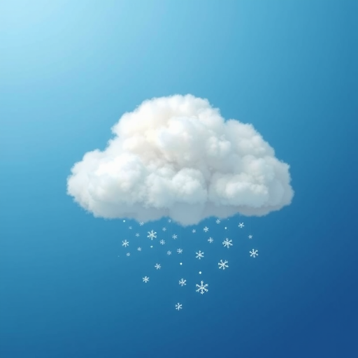 Create a minimalistic digital illustration of a fluffy white cloud with snowflakes falling from it against a gradient blue background, using a wide-angle lens at f/8 aperture, ISO 100, and a Canon EOS 90D to enhance clarity and detail.