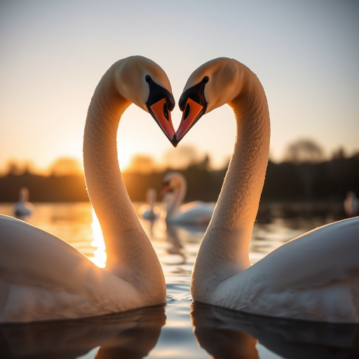 Capture a close-up shot of two swans forming a heart shape with their necks, in soft sunlight at golden hour, using a DSLR camera with a 85mm f/1.8 lens, aperture set to f/2.8 for shallow depth of field, ISO 200, and a slow shutter speed of 1/250s to enhance image quality and detail in the water reflections.