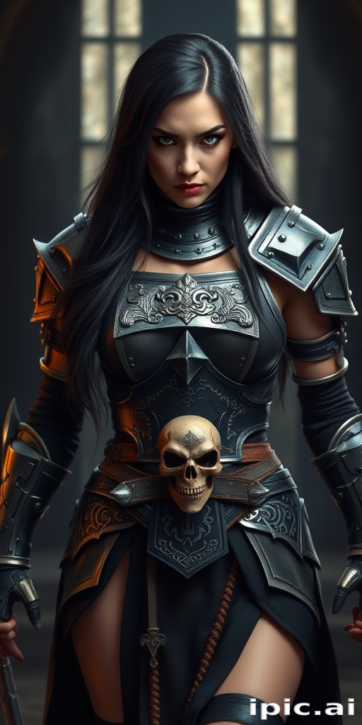Create a photo of a fierce female warrior with long black hair, wearing an ornate, metallic armor. The armor includes a breastplate with intricate designs, shoulder guards, and gauntlets. The breastplate is decorated with a central emblem, possibly representing a mythical symbol, and has a sculpted, form-fitting design. She wears a belt with a large skull ornament at the center, and her armor extends into a partial skirt, revealing one leg. The overall look is both protective and stylish, with a dark, gothic aesthetic. The background is dimly lit, suggesting a medieval or fantasy setting, enhancing the warrior's imposing presence and intense expression.