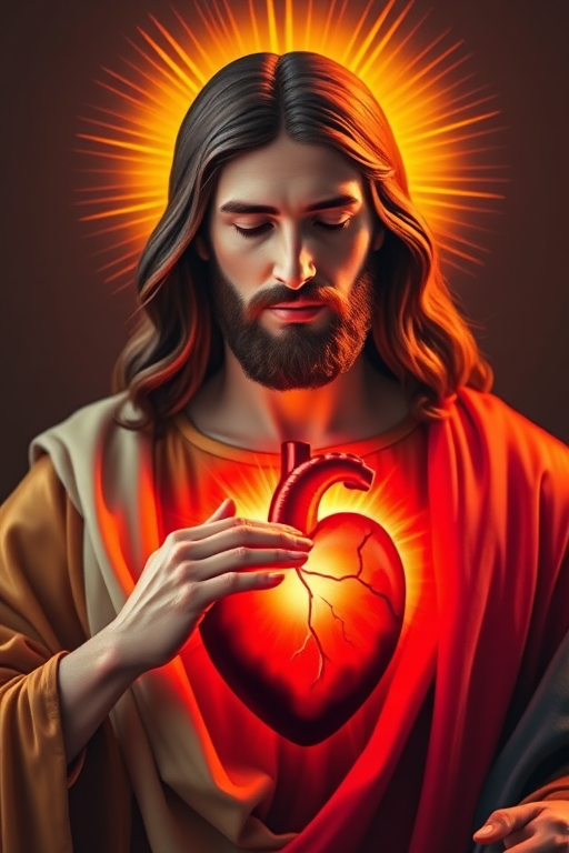 Create an image of a stylized depiction of Jesus Christ with a sacred heart, vibrant colors, soft focus, shot with a Canon EOS R5, 50mm lens, f/1.8 aperture, ISO 100, natural lighting, front view, emphasizing textures and warmth.