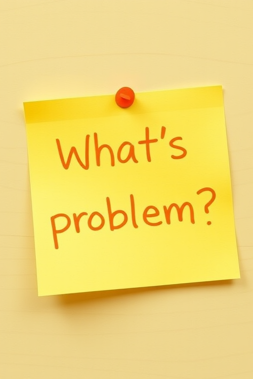 Yellow post-it note, hand written in orange pen text "What's the problem??", 3d, hd, hyper realistic,