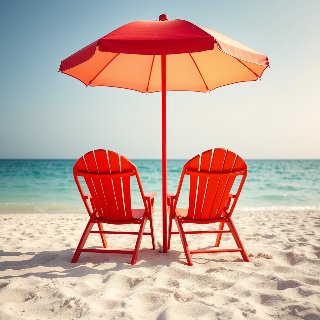 create a vibrant beach scene with two red lounge chairs under a matching umbrella on a sandy shore, wide-angle view, f/8 aperture, ISO 100, shutter speed 1/250 sec, captured with a DSLR camera for enhanced detail and clarity