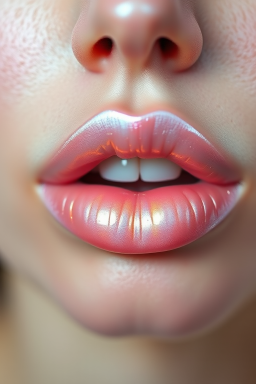 Iridescent pearl lips with a subtle pink undertone, delicate and ethereal, creating a luminous and angelic appearance