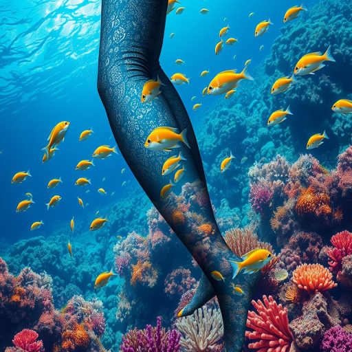 Photorealistic underwater scene wrap-around leg sleeve, coral reef teeming with tropical fish, rich blues and vibrant coral hues