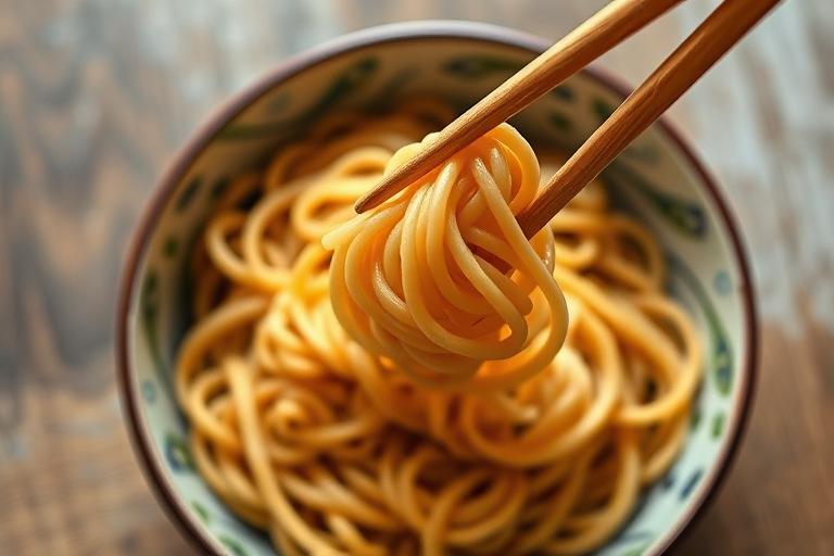 Create a high-resolution image of a bowl of spiral noodles with chopsticks, shot in natural light at f/2.8 with a 50mm lens, using a shallow depth of field and top-down view to focus on the texture and patterns of the noodles.