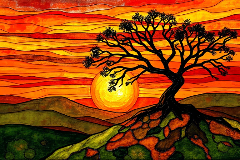 A vibrant abstract painting on Tiffany Glass, blending acrylic and alcohol ink techniques, captures a dramatic sunset over rolling hills. The artwork features a textured, rocky foreground in green and brown, layered abstract hills, and a striking sunset in rich oranges, yellows, and reds. A solitary black tree with intricate branches contrasts against the fiery sky, creating a dynamic and expressive portrayal of a breathtaking natural scene.