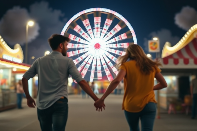 Blurry candid shot of a young couple sharing a playful moment at a local carnival, holding hands as they run toward a brightly lit Ferris wheel, soft cotton candy clouds in the background.