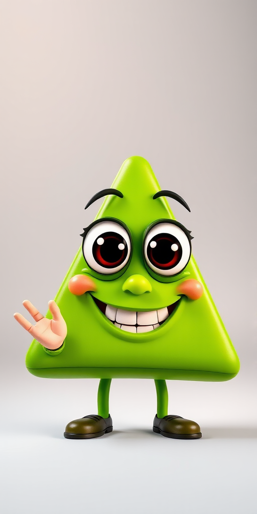 Create a cartoon character of a green triangle with large expressive eyes, a friendly smile, and a hand gesture, shot with a Canon EOS R5, 50mm lens, f/1.8 aperture, ISO 100, in a bright studio with soft lighting to enhance color vibrancy.