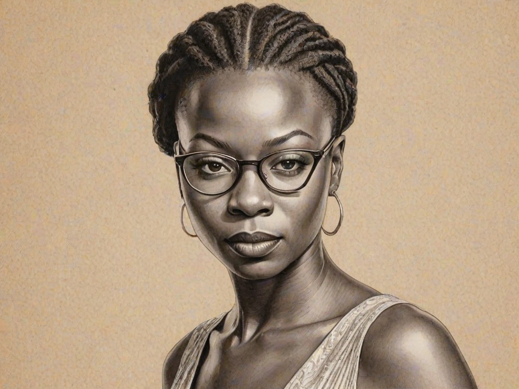 Magnificent Danai Gurira, pencil sketch, portrait of Appealing woman 1929s in glasses, hair style beatnik, outline, clear lines, fine lines, 8k