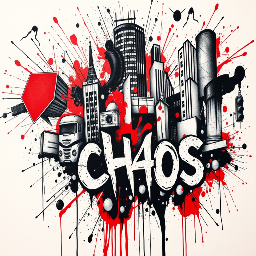 Trash polka tattoo titled "Urban Chaos" combining realistic black and grey elements with bold splashes of red ink, creating a dynamic and edgy design that blends order and disorder in a unique artistic style