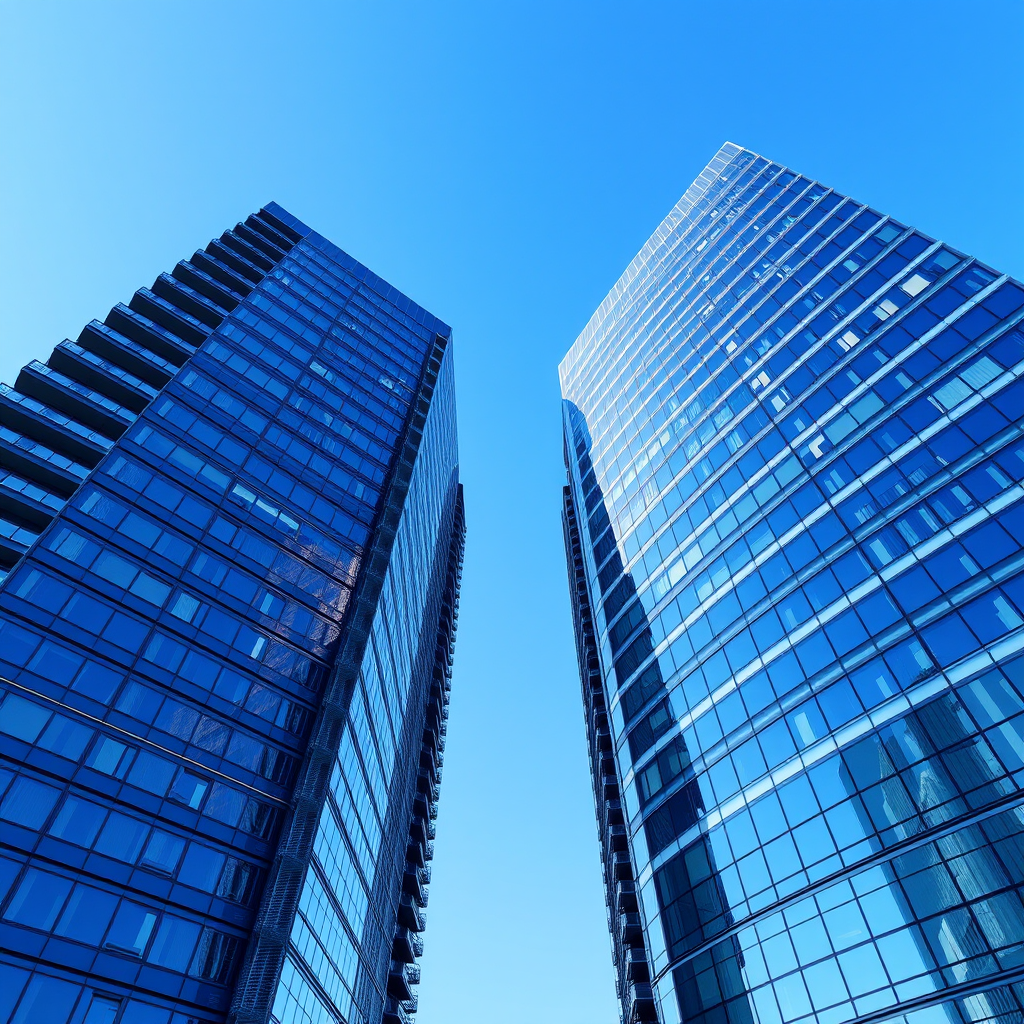 Create a high-resolution digital illustration of two modern skyscrapers side by side, with a clear blue sky background, using a wide-angle lens, at f/8 aperture, 1/200 sec shutter speed, in a 3D rendering style.