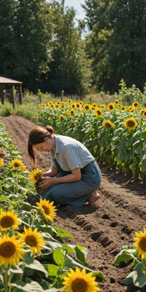 Sun-drenched garden, with tall sunflowers swaying gently in the breeze, a woman kneels by a row of vegetables, her hands covered in dirt as she harvests fresh produce.