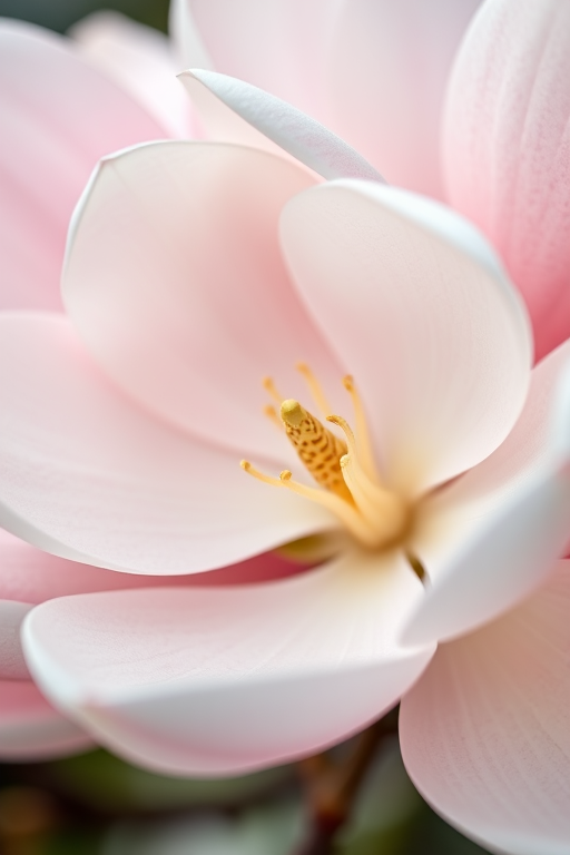 Close-up of magnolia flowers in soft pastel colors, macro lens, aperture f/2.8, shutter speed 1/200s, ISO 100, natural light, taken with a DSLR camera.
