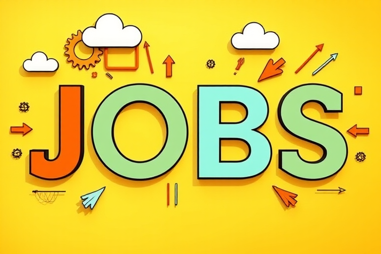 Create a bright and modern graphic design featuring the word "JOBS" prominently, incorporating elements like gears, clouds, and arrows, using a clean vector style, captured with a Canon EOS R5, 50mm lens, f/2.8 aperture, 1/60 shutter speed, ISO 100, top-down view for a flat lay effect.